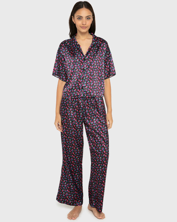 Sleep Satin Top/Short Set - Printed Body Breezy Mid Floral Black/Red / M