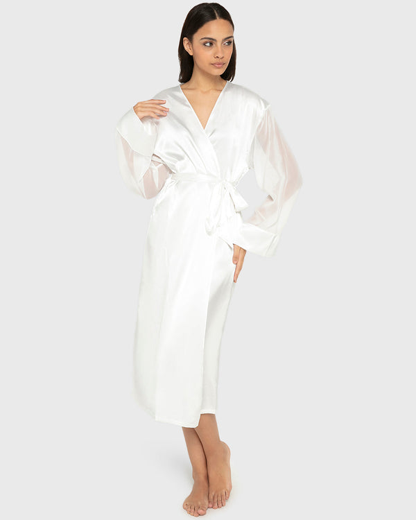 Robe Mid Length Satin W Chiffon Sleeve- Designer B Ivory / S-M