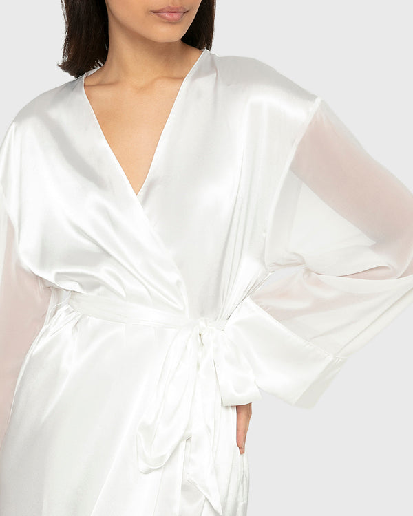 Robe Mid Length Satin W Chiffon Sleeve- Designer B Ivory / S-M