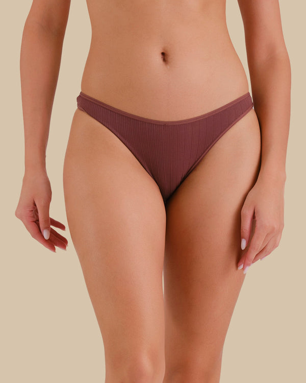 ESSENTIALS BIKINI SEMI SHEER RIB DUSTY CEDAR / S