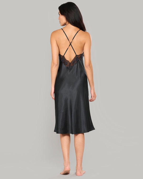LA SENZA MID-LENGTH SATIN SLIP WITH LACE TRIM BLACK / S