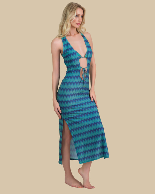 Isla & Evie Metallic Zig Zag Print Front Tie Midi Dress