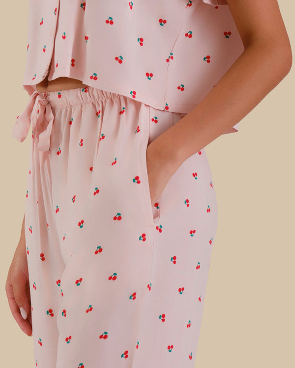 WOMEN'S SHORT SLEEVE PAJAMA SET PINK CHERRY PRINT-LSI / S