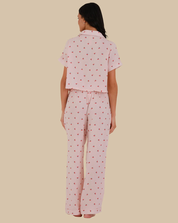 WOMEN'S SHORT SLEEVE PAJAMA SET PINK CHERRY PRINT-LSI / S