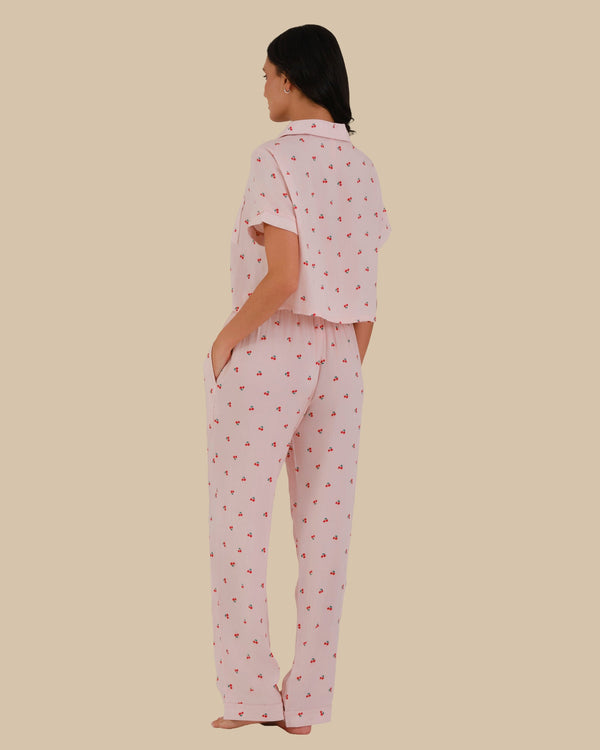 WOMEN'S SHORT SLEEVE PAJAMA SET PINK CHERRY PRINT-LSI / S