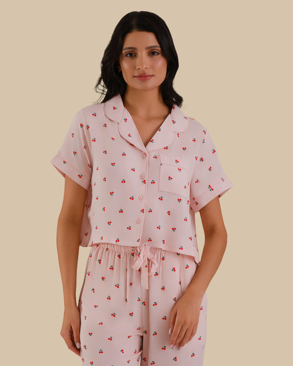 WOMEN'S SHORT SLEEVE PAJAMA SET PINK CHERRY PRINT-LSI / S