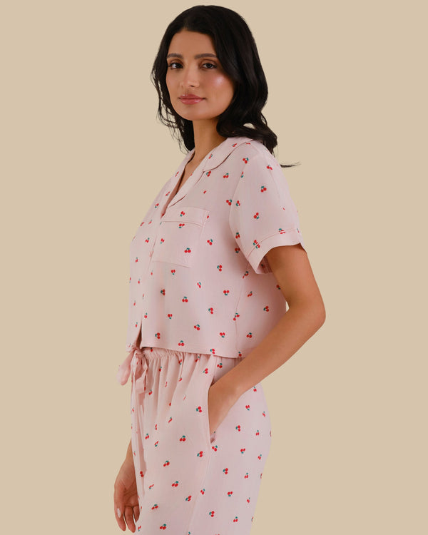 WOMEN'S SHORT SLEEVE PAJAMA SET PINK CHERRY PRINT-LSI / S