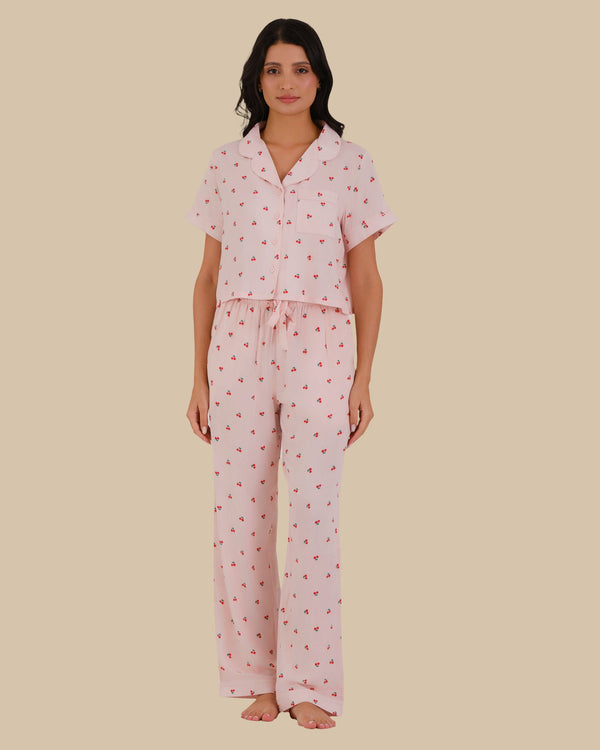 WOMEN'S SHORT SLEEVE PAJAMA SET PINK CHERRY PRINT-LSI / S
