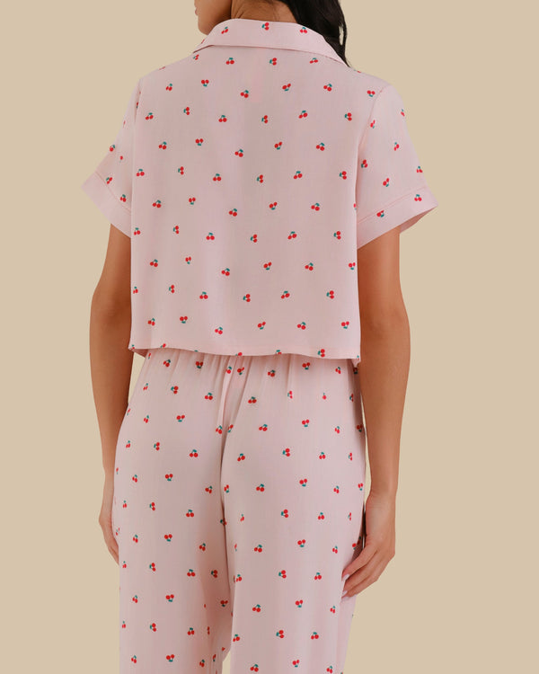 WOMEN'S SHORT SLEEVE PAJAMA SET PINK CHERRY PRINT-LSI / S