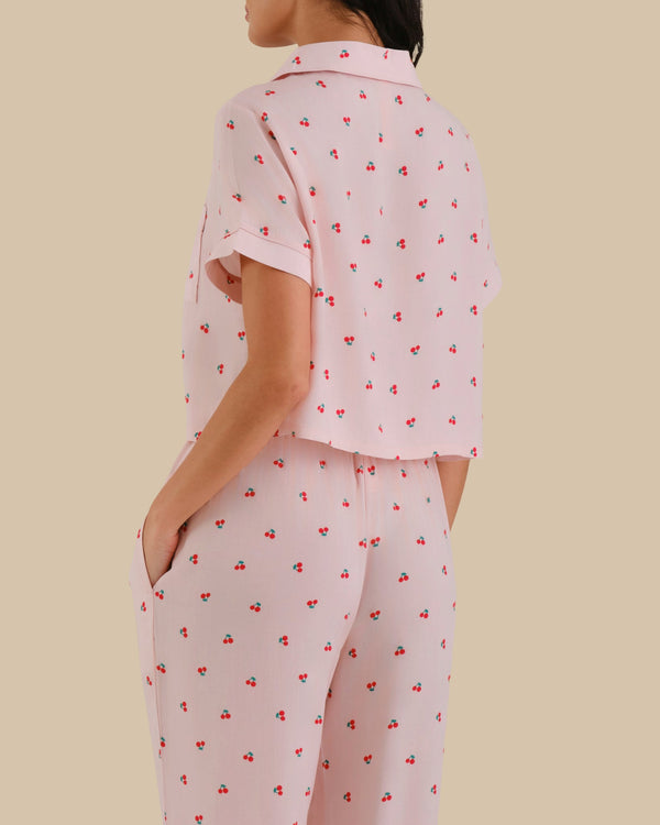 WOMEN'S SHORT SLEEVE PAJAMA SET PINK CHERRY PRINT-LSI / S