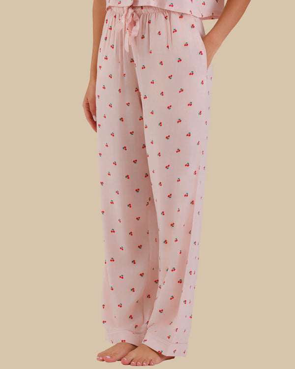 WOMEN'S SHORT SLEEVE PAJAMA SET PINK CHERRY PRINT-LSI / S