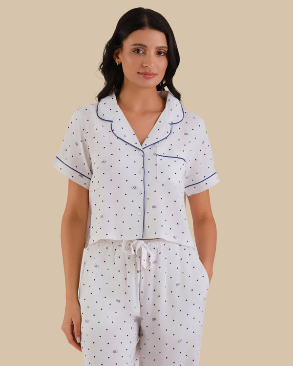 WOMEN'S SHORT SLEEVE PAJAMA SET POLKA DOT - WHITE-LSI / S
