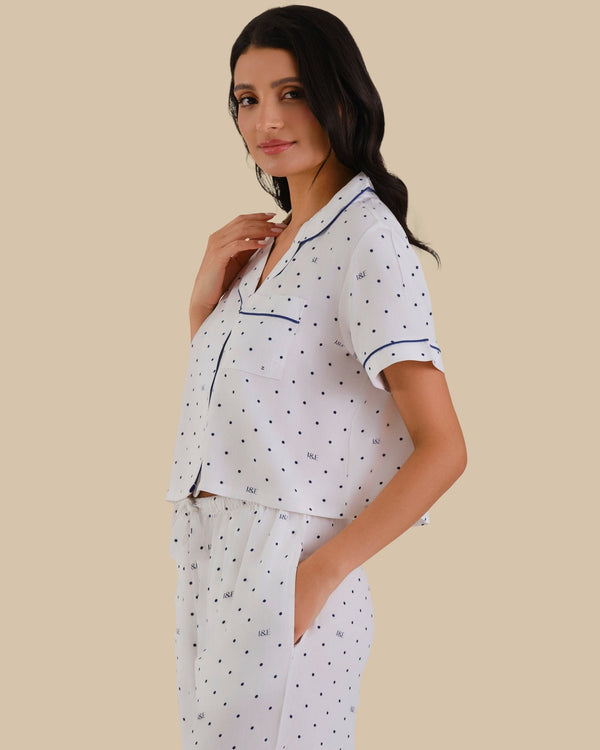 WOMEN'S SHORT SLEEVE PAJAMA SET POLKA DOT - WHITE-LSI / S