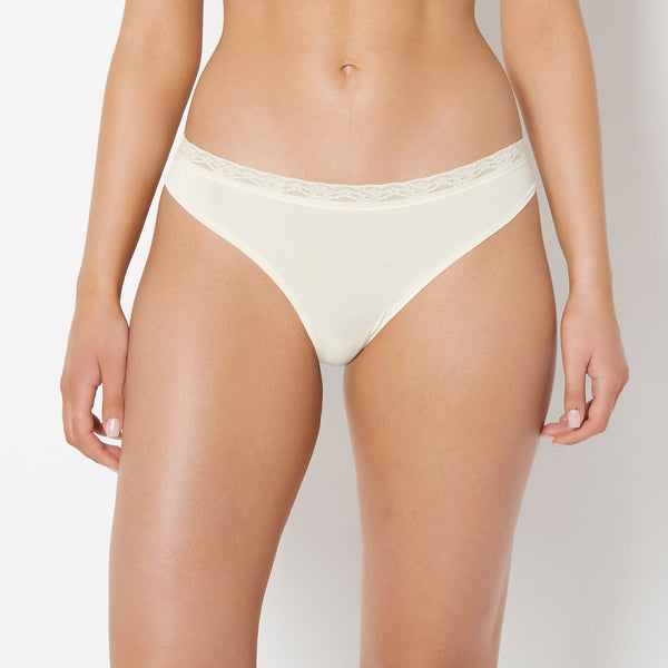 La Senza Ultrasoft Modal Cheeky Thong  with Lace Trim In Lemon Icing