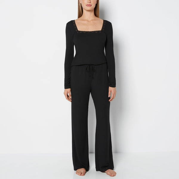 La Senza Casual Sleep Ribbed Long Sleeve Top with Lace Trim
