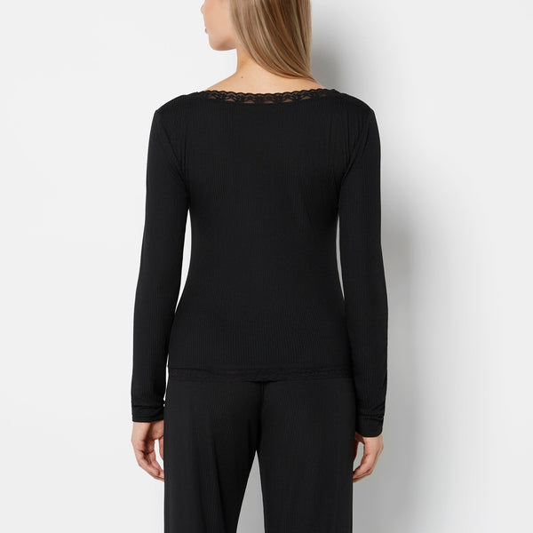 La Senza Casual Sleep Ribbed Long Sleeve Top with Lace Trim