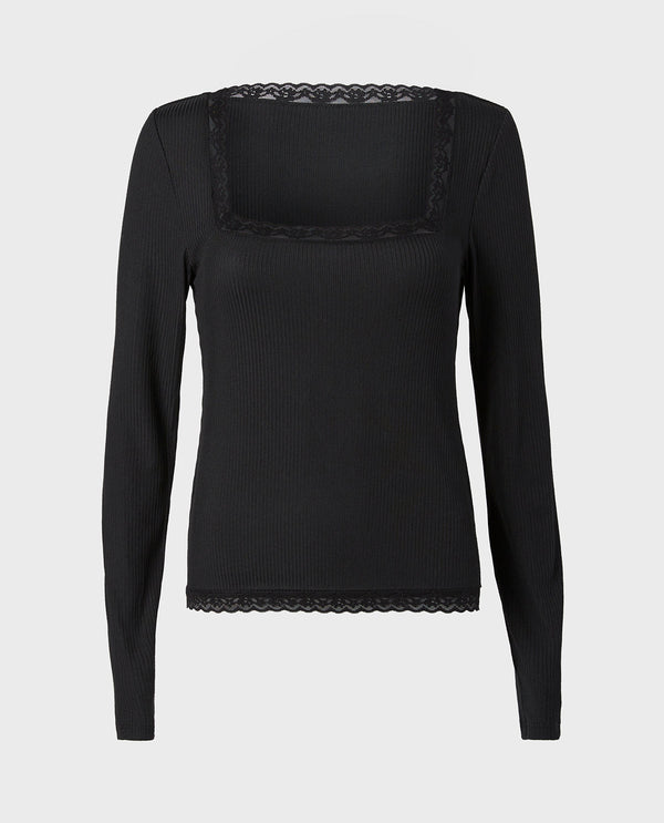 La Senza Casual Sleep Ribbed Long Sleeve Top with Lace Trim