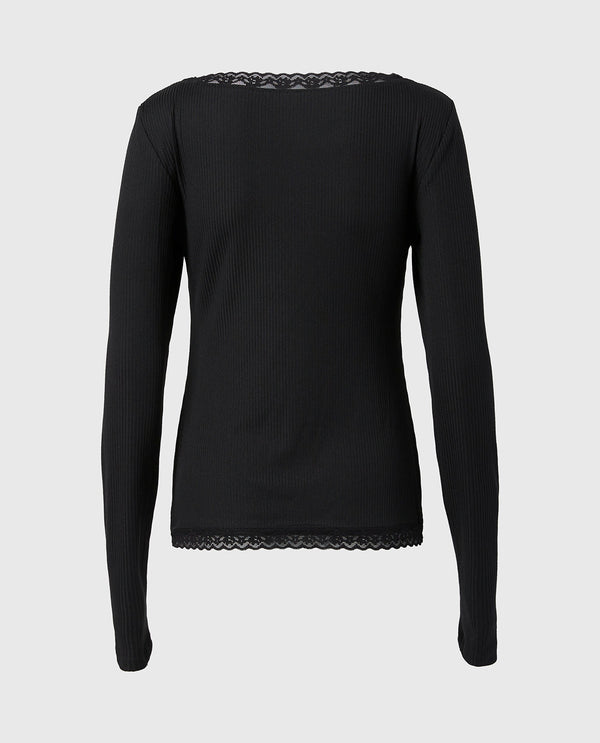 La Senza Casual Sleep Ribbed Long Sleeve Top with Lace Trim